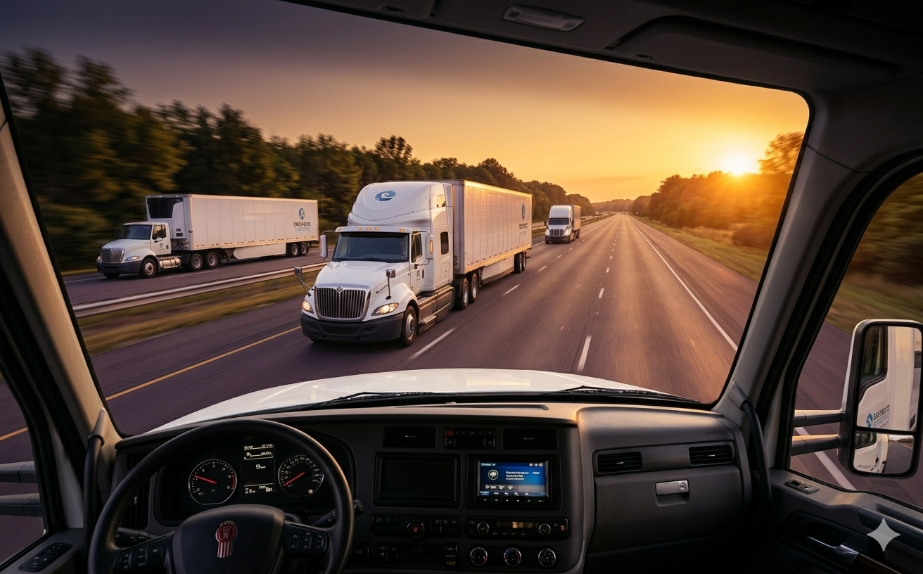 Truck on the highway at sunset